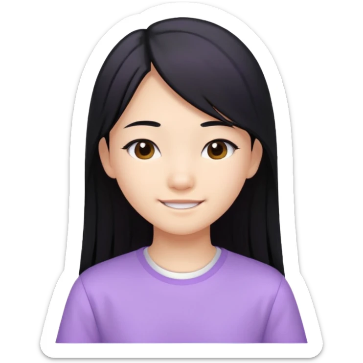 Happy Asian teenager, long straight black hair, lilac bando, white shirt sticker