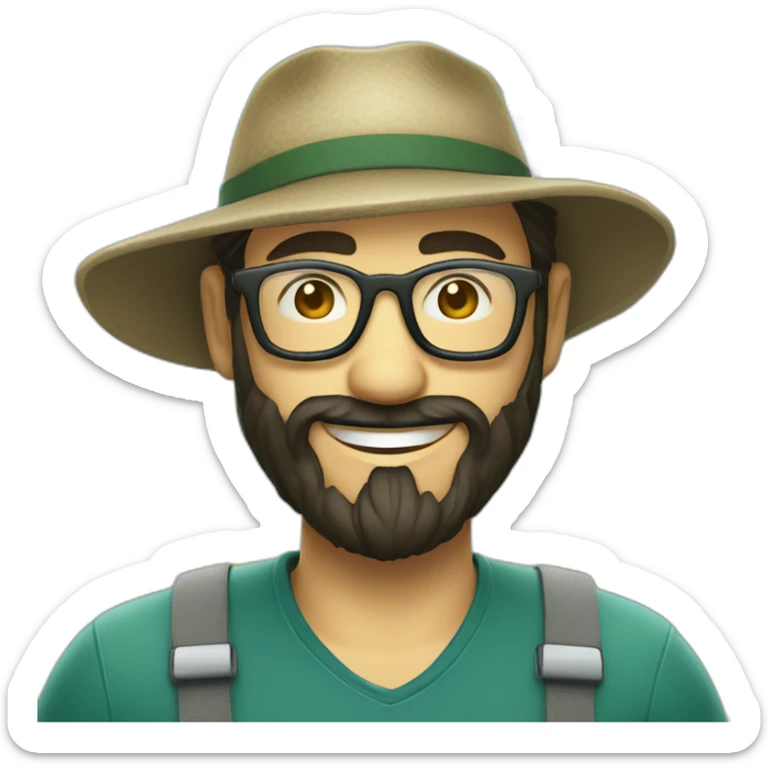 happy smile gardener face long dark beard and very short dark hair with little transparent glasses and a hat sticker