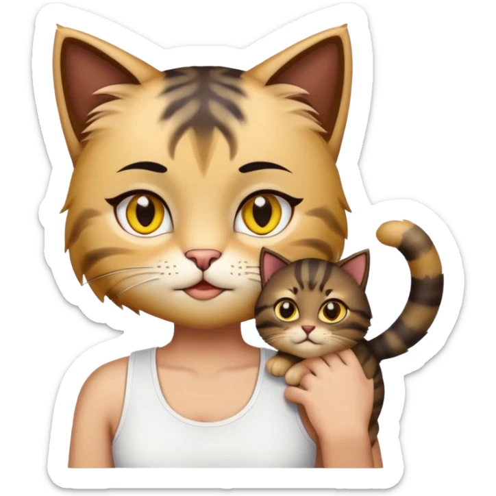 make me emoji hugged tabby fluffy cat with yellow eyes, person is black straight hair with kinda asian chocolate eyes but still have eyelids, with latina lashes and eyelashes, wear white tanktops sticker