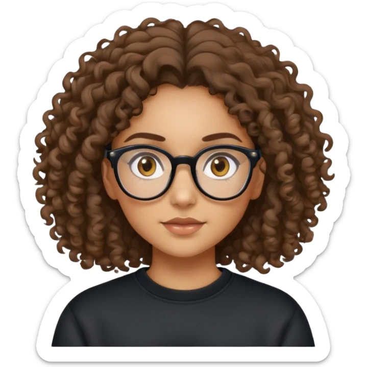 Mixed girl /curly long hair brown / with brown eyes glasses black sweat shirt middle part sticker