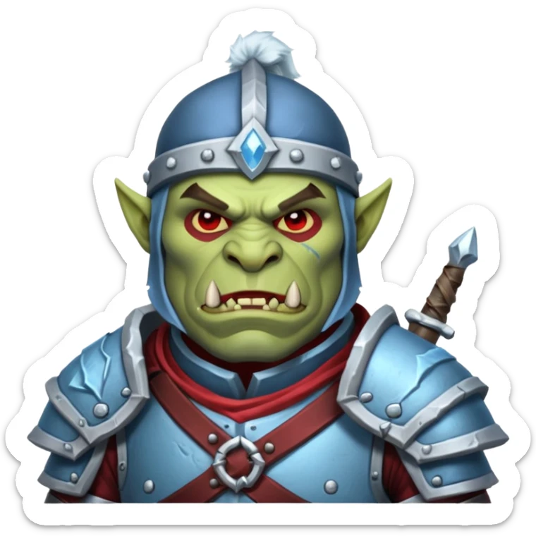 
Fantasy Christmas orc legion soldier icon, iron tundra army theme, heavy winter armor, disciplined brutal look, icy blue steel armor with deep crimson accents, frozen metal texture, cold winter atmosphere, male variant sticker