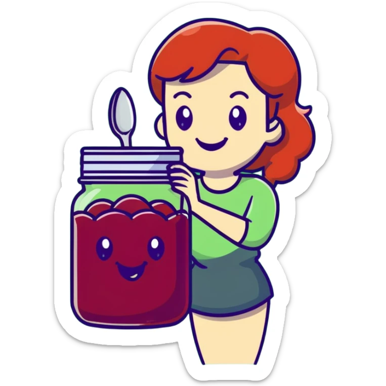redhead woman with big smile holding a glass jar with jam in one hand and a little spoon with jam in other hand sticker