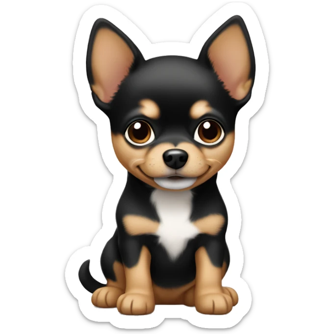 The face of a puppy that is a mix of Chihuahua and Spitz in black tan. sticker
