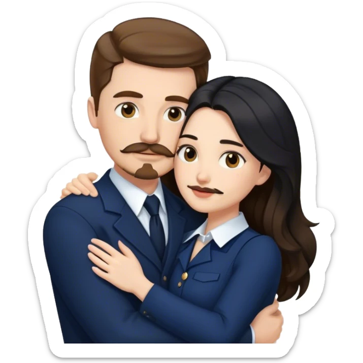 tall white man with brown hair goatee mustache hugging a pale woman with long black hair, wearing navy formal clothing sticker