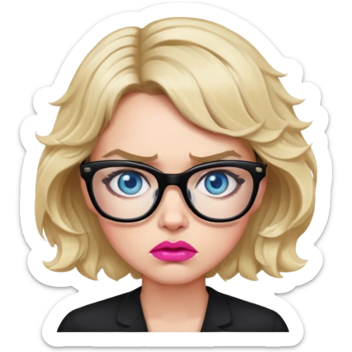 Blonde woman with short wavy hair, blue eyes and pink lips wearing black glasses looking angry sticker