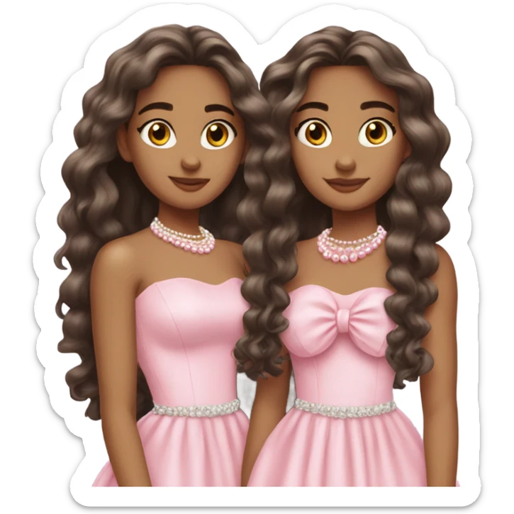 two pretty teenage Latina twins. pink. Long hair. Pink bows. Pearls. Light pink. Diamonds dress. sticker