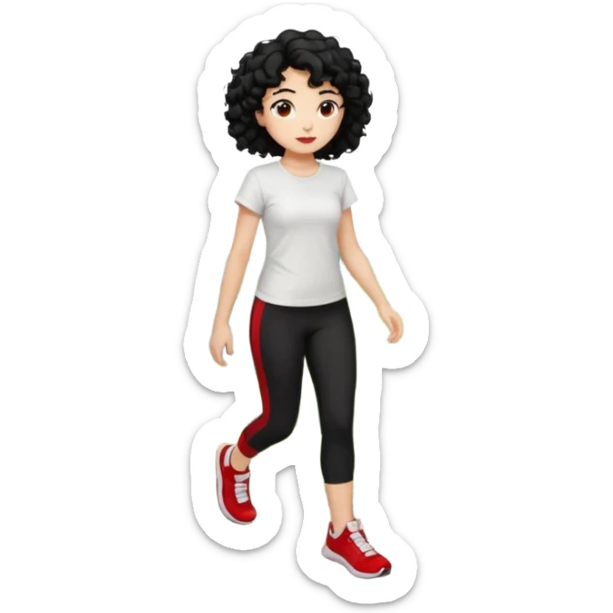 generate a pretty bratz fair skinned girl with curly black hair wearing a white tshirt trekking on a hill with red sneakers on and black leggings. Show HILLS around her sticker