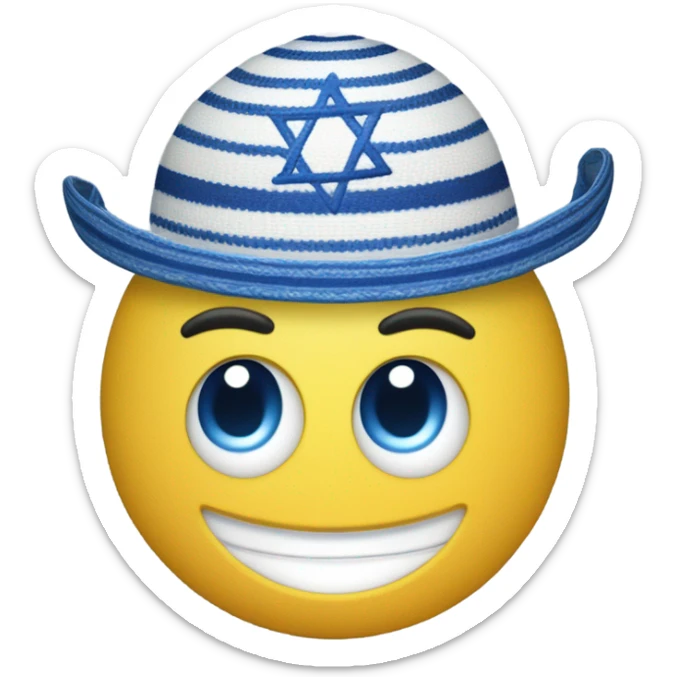 Create an emoji-style smiley face wearing a traditional Jewish kippah and a tallit, incorporating Mexican cultural influences. The face should have a warm, friendly expression. Add elements like vibrant colors, decorative patterns inspired by Mexican art (such as Talavera or papel picado designs), and possibly a subtle sombrero blend with the kippah. The tallit should have blue and white stripes but can feature a hint of Mexican embroidery. The overall aesthetic should be cheerful and culturally harmonious." sticker
