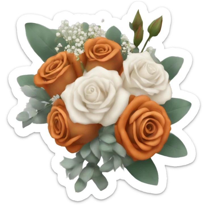 bridal bouquet with burnt orange roses, baby’s breath, and eucalyptus  sticker
