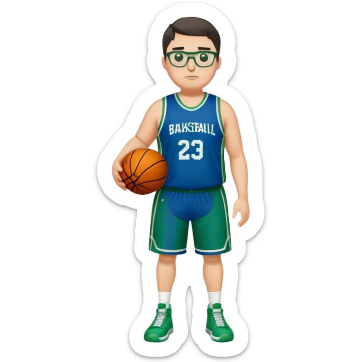 Full Body plus size white male with dark short hair basketball player wearing glasses wearing blue green uniform sticker