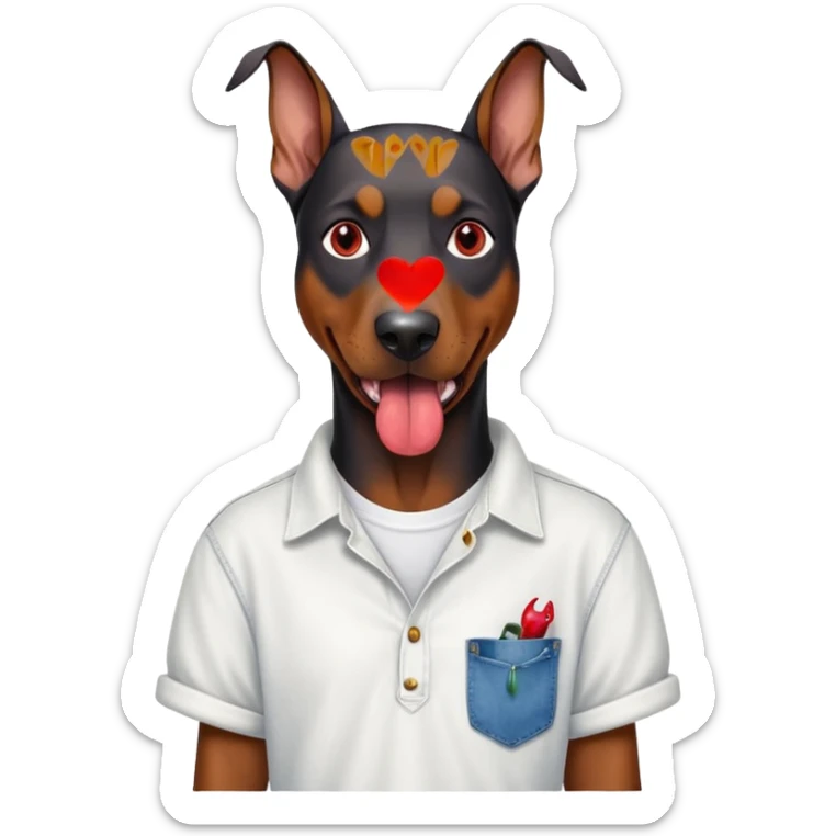 Generate a emoji of a big evil doberman dog with red eyes and a tongue sticking out, give the doberman a human body with a white shirt and baggy jeans, make the doberman have piercings sticker