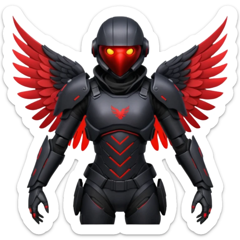 PUBG X SUIT BLOOD RAVEN, futuristic armored suit with raven-inspired details, glowing red eyes, dark wings sticker
