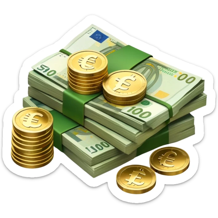 side view of a pile of euro coins and euro bank notes sticker