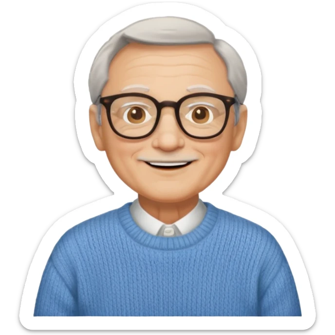 emoji of a gentleman in his 70s, wearing glasses and a sweater, smiling sticker