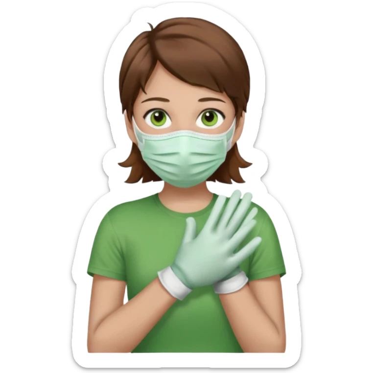 Humano de pelo marrón y ojos verdes, con un cubre boca, que tiene una camisa verde por encima de una remera blanca, y tiene un guante sin dedos en una sola de las manos sticker