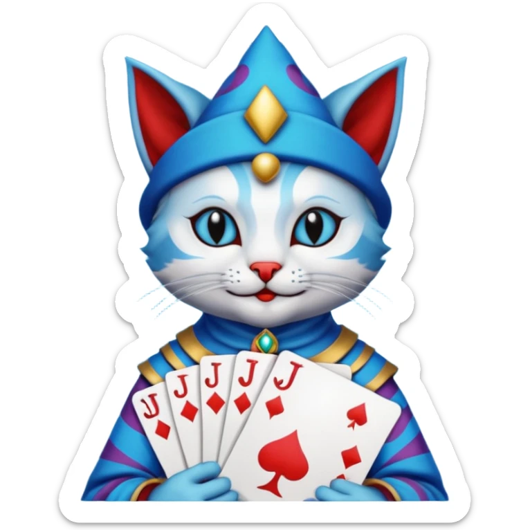 crazy colorful cute little cat jolly joker from poker, medieval, vintage, court jester, mac os icon, blue color, holds poker cards sticker
