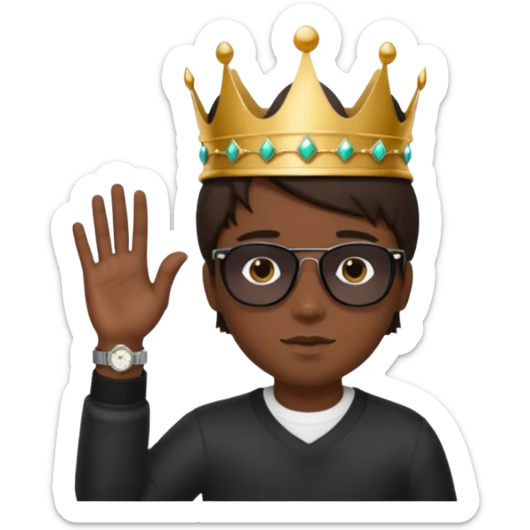Un niño con cabello lacio no muy largo color marrón castaño,ojos marrones,piel no muy blanca, que tenga lentes de sol color negro,reloj en la mano derecha y una corona como sombrero sticker