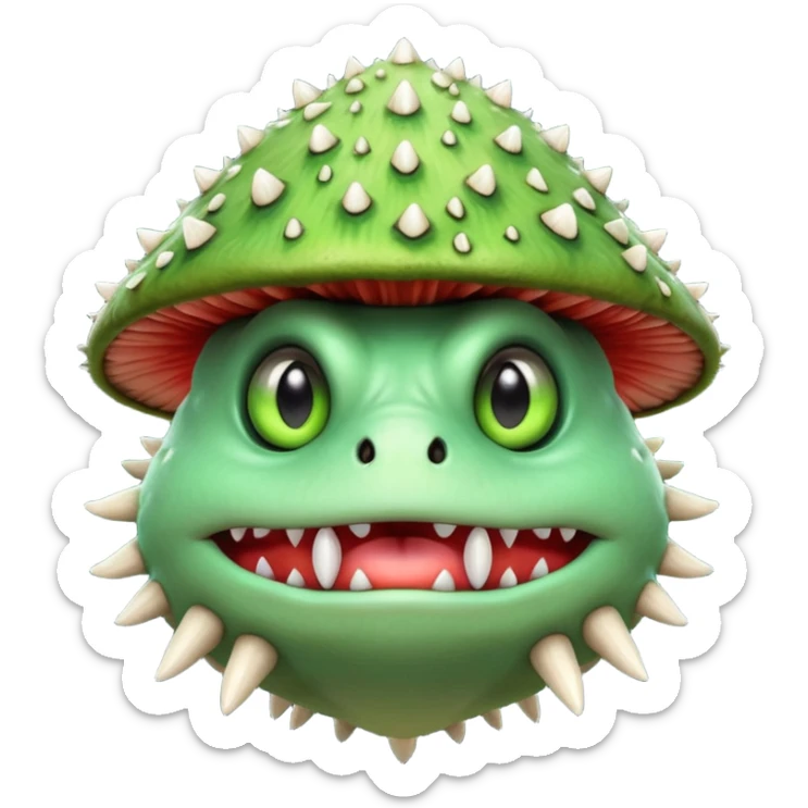 poisonous mushroom monster portrait, head and shoulders only, animal-like creature, mushroom cap head with spikes, toxic green glow, beast-like eyes, furry neck details, monstrous but cute fantasy vibe, 3D cartoon, mobile game icon style, clean background, no text, no watermark

 sticker