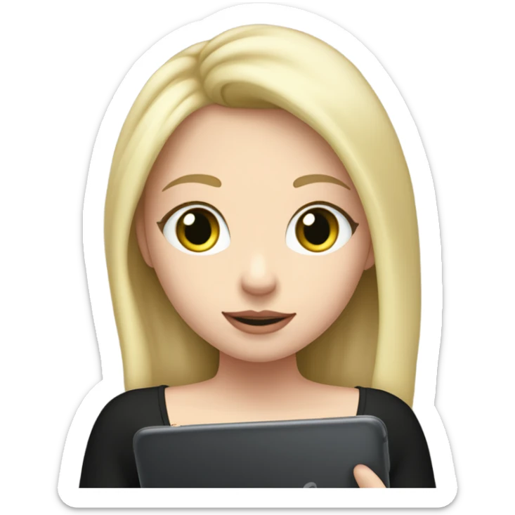 Apple grey ipad in girls hands (blond Girl whole height pinky lips greenish eyes wearing black top, holding IPad in one hand) the screen of the ipad is opposite to the girl‘s face sticker