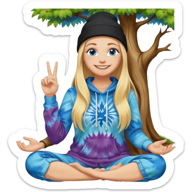 long haired blonde white woman wearing a black beanie and This woman should have blue eyes and a big smile and i want her to be sitting meditating next to a tree. she is wearing a tie dye hoodie. I want one hand of hers to show a middle finger pointing up  sticker