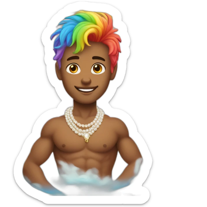 posh-muscle-boy-with-pearl-necklace-and-rainbow-unicorn-hair-in-golden-bathtub sticker