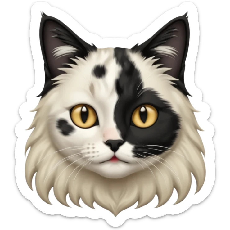 black and white long hair cat. black nose. black splotch near nose (on the right side). white chest. sticker