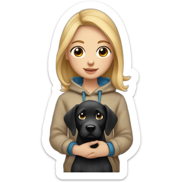 A blonde girl  with blues eyes, with smooth hair and a ray,she has light skin a few freckles, and she wear a hoodies and she Carries in his arms a black baby labrador dog  sticker