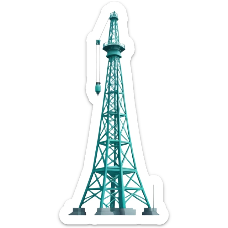 Oil derrick tower in cool tones with sky blue, teal green, white, and light gray sticker