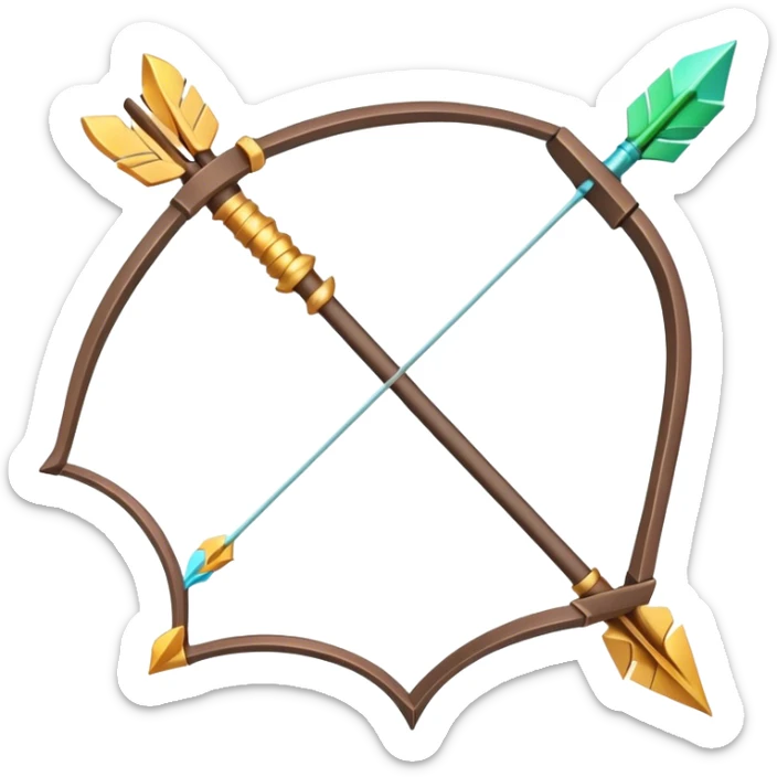 Clash of Clans aesthetic: Cinematic Playful 3D Isometric Bow & Arrows Emoji, rendered in a 3D vector-style similar to standard emojis with minimal shading and bold, simplified shapes. A compact, distinct form with signature details, softly glowing with a fantasy RPG magic charm. Simplified yet unmistakably iconic, highly detailed and consistent, glowing with a soft radiance and high shine. Stylized with a touch of heroic grandeur and a soft glowing outline, capturing the essence of a beloved gaming relic with a friendly, playful manner! sticker