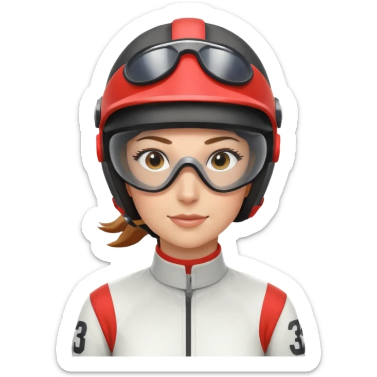 female horse race jockey portrait, head and shoulders only, racing helmet and goggles, sporty uniform collar, confident expression, 3D cartoon, mobile game icon style, clean background, no text, no watermark
 sticker