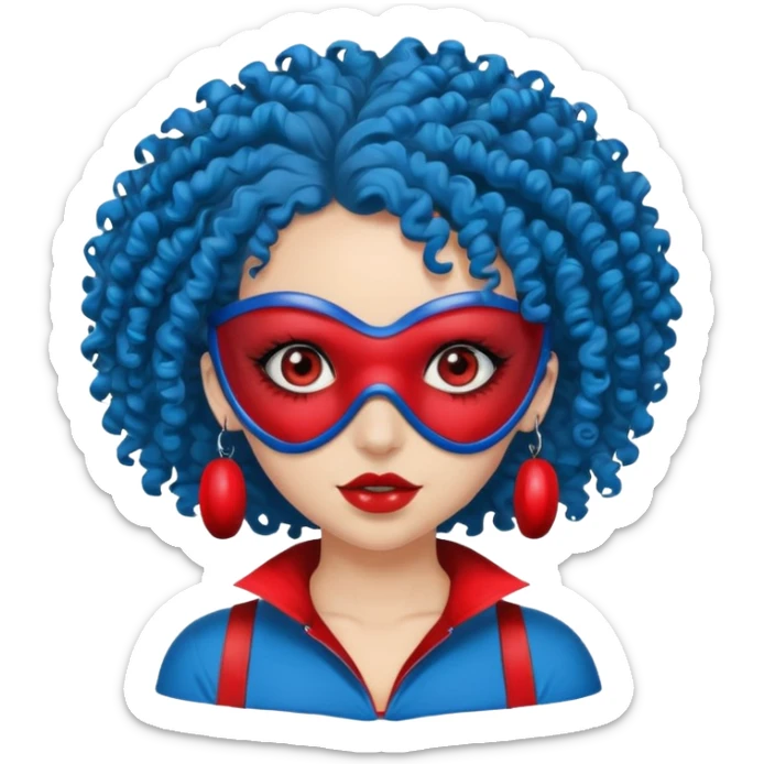 blue curly haired girl with huge earrings, wearing red paintball eye mask, sticker