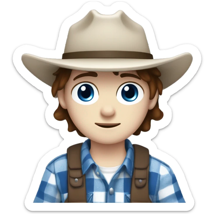 Teenager boy with freckles, white skin, blue and white flannel, hair to his shoulders and a sided fringe, white eye bandage and sheriff hat. Blue eyes and brown hair. Carl grimes  sticker