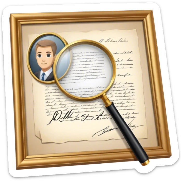 Icon for Autograph Collecting: a signed piece of paper or book page with a famous signature, surrounded by a magnifying glass, and a collection of several framed autographs. Transparent background. sticker