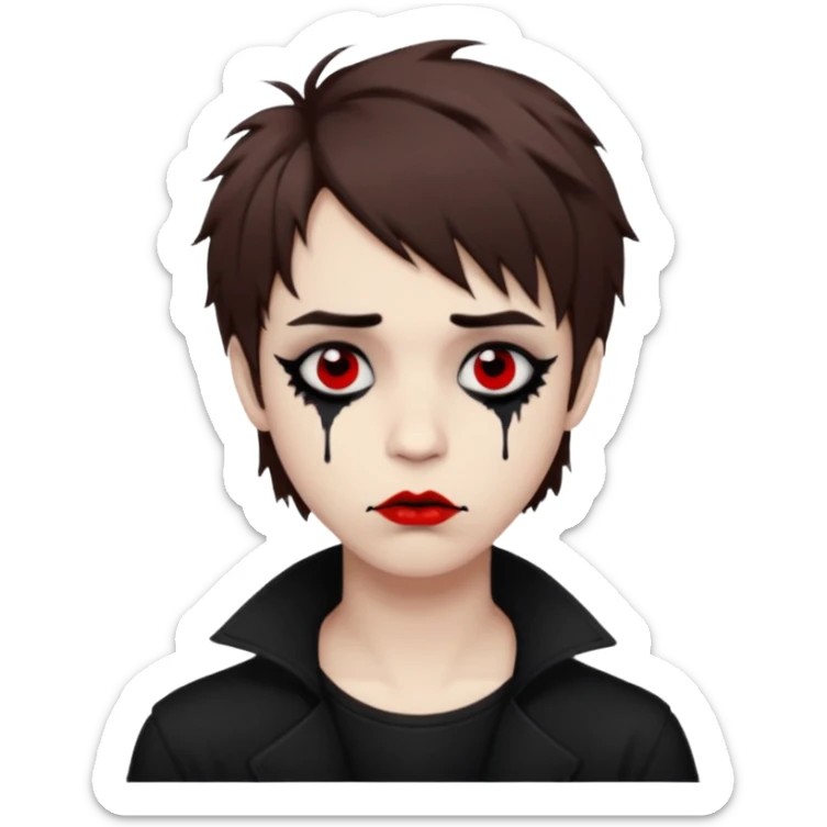 Happy pale Goth boy with shaggy brown hair, and messy black eyeliner , smudged, red, lipstick  sticker
