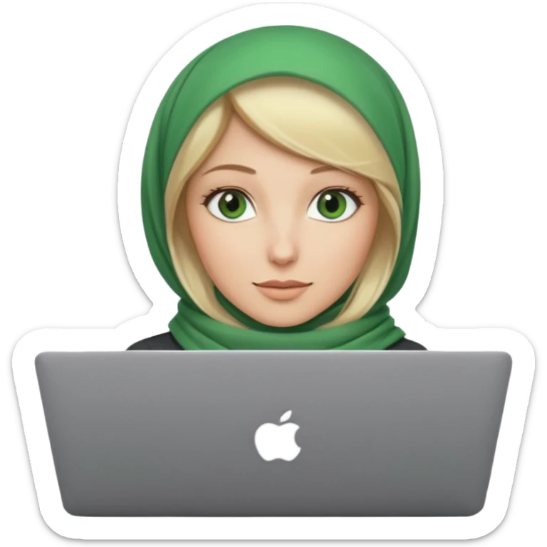 blond women skine , with green eyes , with scarf hijab . with macbook sticker