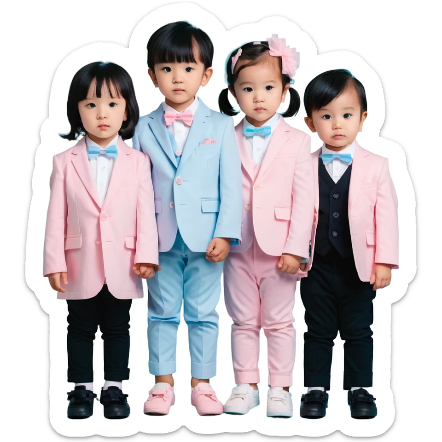 triplet toddlers with two girls in pastel pink clothes on each side and a boy in pastel blue suit in the middle sticker
