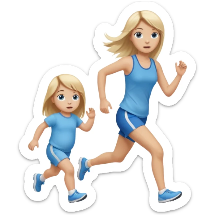 full length of a young woman with long straight dirty blonde hair, side bangs, and blue eyes. She is running behind a 1 year old baby girl sticker