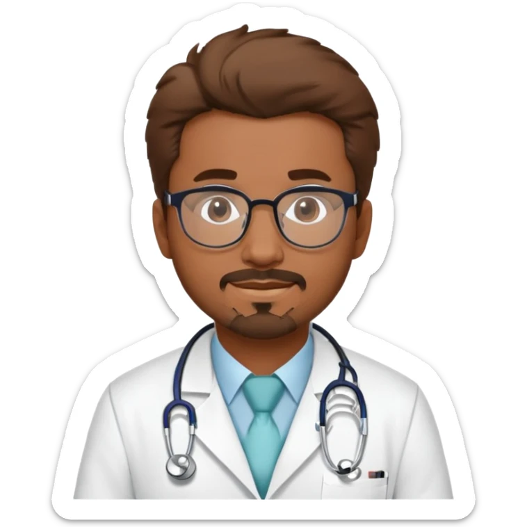 Alfredo should be a brown skin doctor, wearing a white coat and his name Alfredo on the lab coat.. He should also have a stethoscope around his neck. Show  alfredo as a cartoon like image, an avatar. add some great hair and glasses. Also,  give him a goatee. sticker