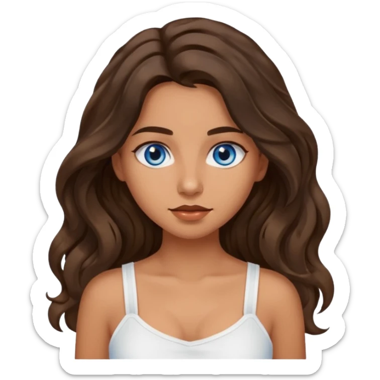 Girl with olive skin, blue eyes, brown dark insanely wavy long hair, white camisole, 🤦🏽‍♀️ sticker