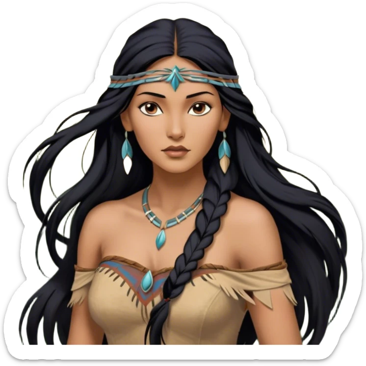 Cinematic Realistic Pocahontas Portrait, depicted with lifelike skin texture, soft natural lighting, and intricately detailed long, flowing raven-black hair that moves gracefully in the wind. Her deep, soulful dark brown eyes exude wisdom and strength, complemented by a serene yet powerful expression. She is dressed in her classic one-shoulder native american dress, with rich fabric textures and delicate beaded details that catch the light beautifully. The portrait features a soft, sun-kissed glow with a natural, radiant finish, capturing the essence of untamed beauty and deep connection to nature in a realistic and painterly style, evoking a sense of depth and authenticity. sticker