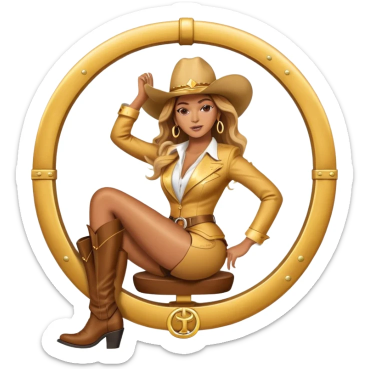 Beyonce flying with golden cowboy suit and hat sitting on giant horseshoe sticker