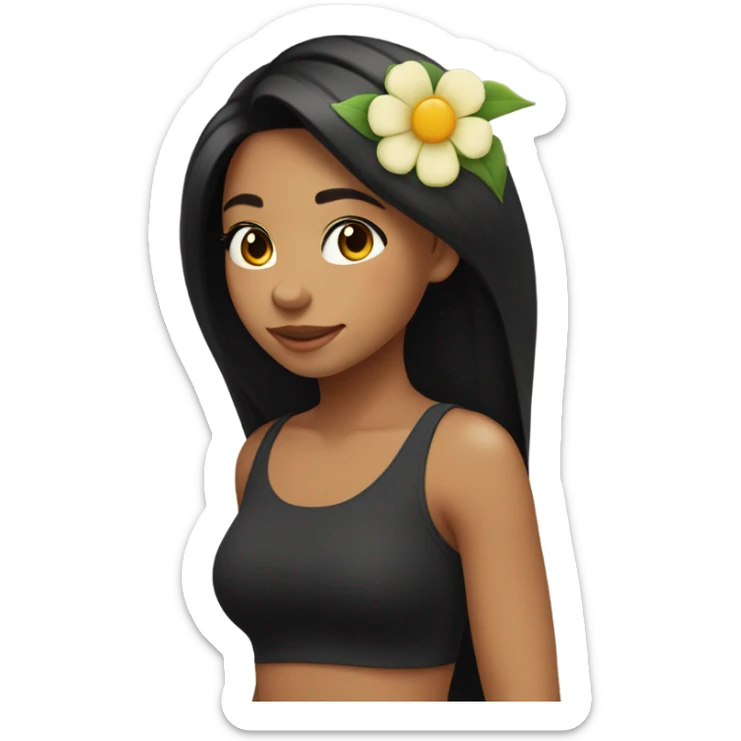 girl with long black hair, tan skin, wearing one flower on her head and wearing black tank top facing side way while looking down smiling sticker