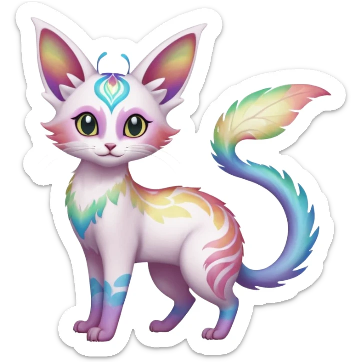 Pure-snow-White albino iridescent with pastel rainbow-gradients-color-markings with swirly patterns butterflies  faerie-Noivern-Noibat-Purloin-Torracat-Lykoi-Caracal-cat-Fakemon-fusion-hybrid-creature-jumping sticker