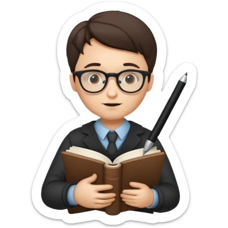 writer holding big pen in hand and closed book in other hand, wearing glasses sticker