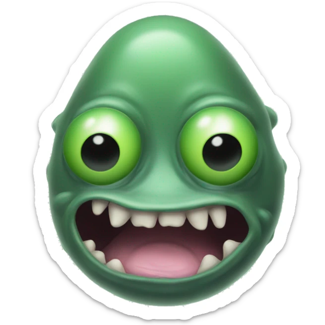 do face resembles a heavily malformed green blobfish, with a bulbous green nose, black eye sockets, and green smoke coming from its mouth. Its features are distorted, with its open mouth taking up the majority of its face emoji. sticker