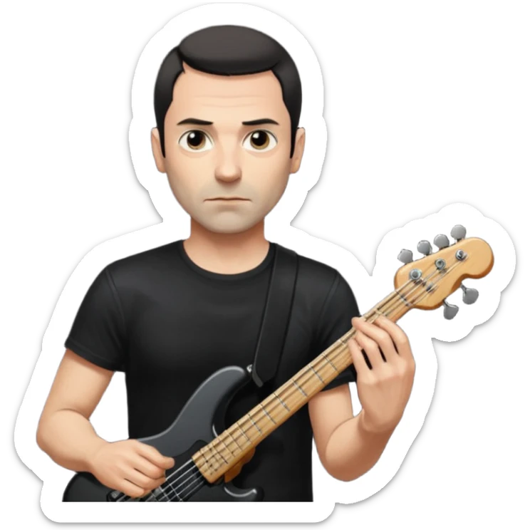 Oliver Riedel, bassist of Rammstein, tall and slim, short dark hair, calm expression, black shirt sticker