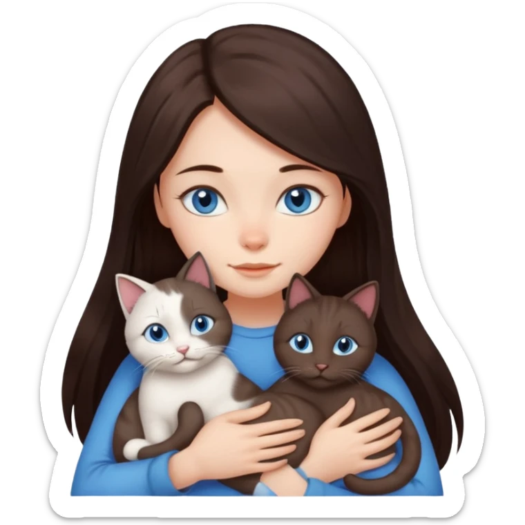 a girl with long dark 
brown hair, with blue eyes, hugs 3 different natural coloured cats sticker