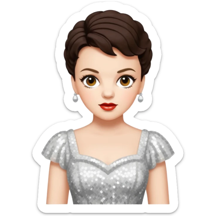 Judy Garland with short dark brown hair, white sequin dress sticker