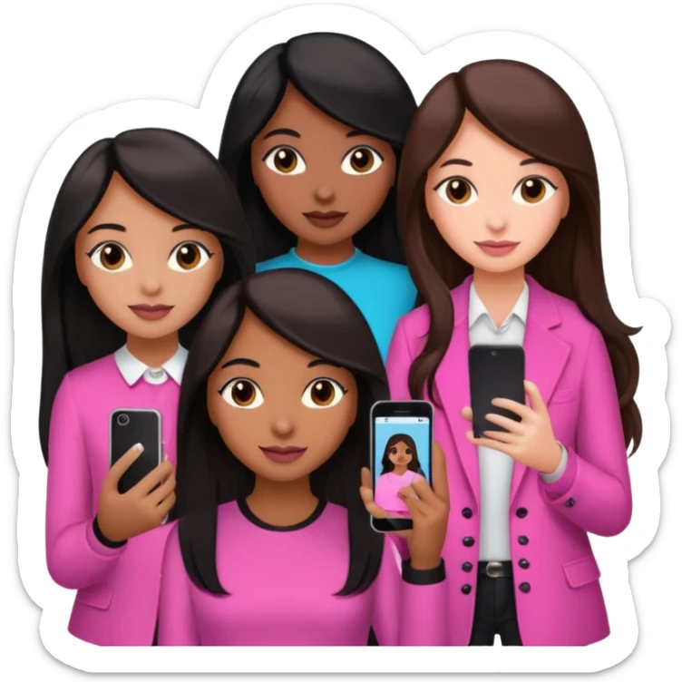 3 brown girl friends with a phone on their hand, one with black long hair, one with brown hair long and the other one with black with brown hair. Wearing pink glammed up  sticker