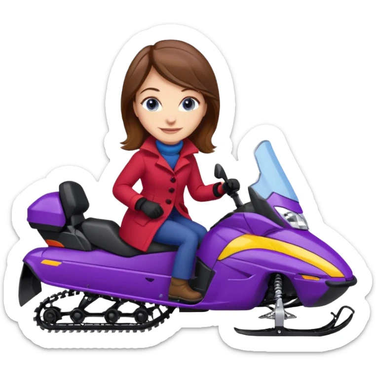 Brown hair, blue eyes, Woman wearing red coat  on purple and yellow snowmobile sticker